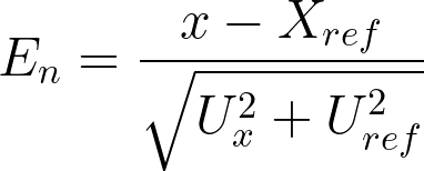 Formula dell’Eₙ score: differenza tra risultato e valore di riferimento divisa per la radice quadrata della somma delle incertezze estese al quadrato