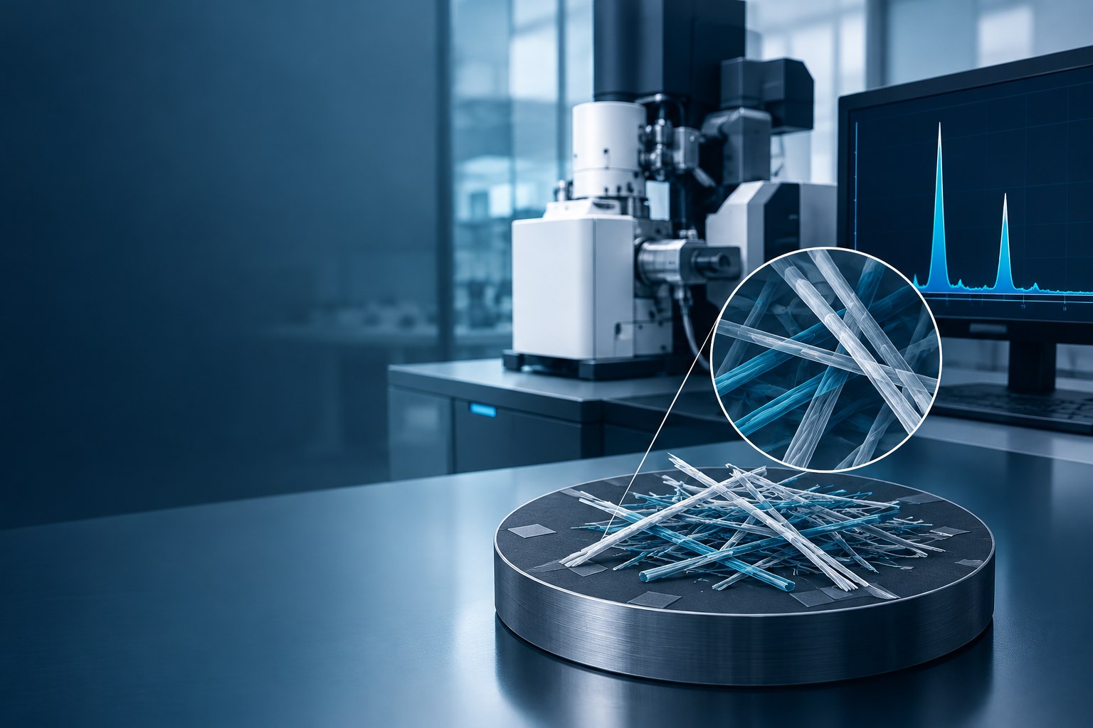 Illustrazione concettuale di fibre inorganiche osservate con microscopia elettronica SEM ed analizzate mediante EDX